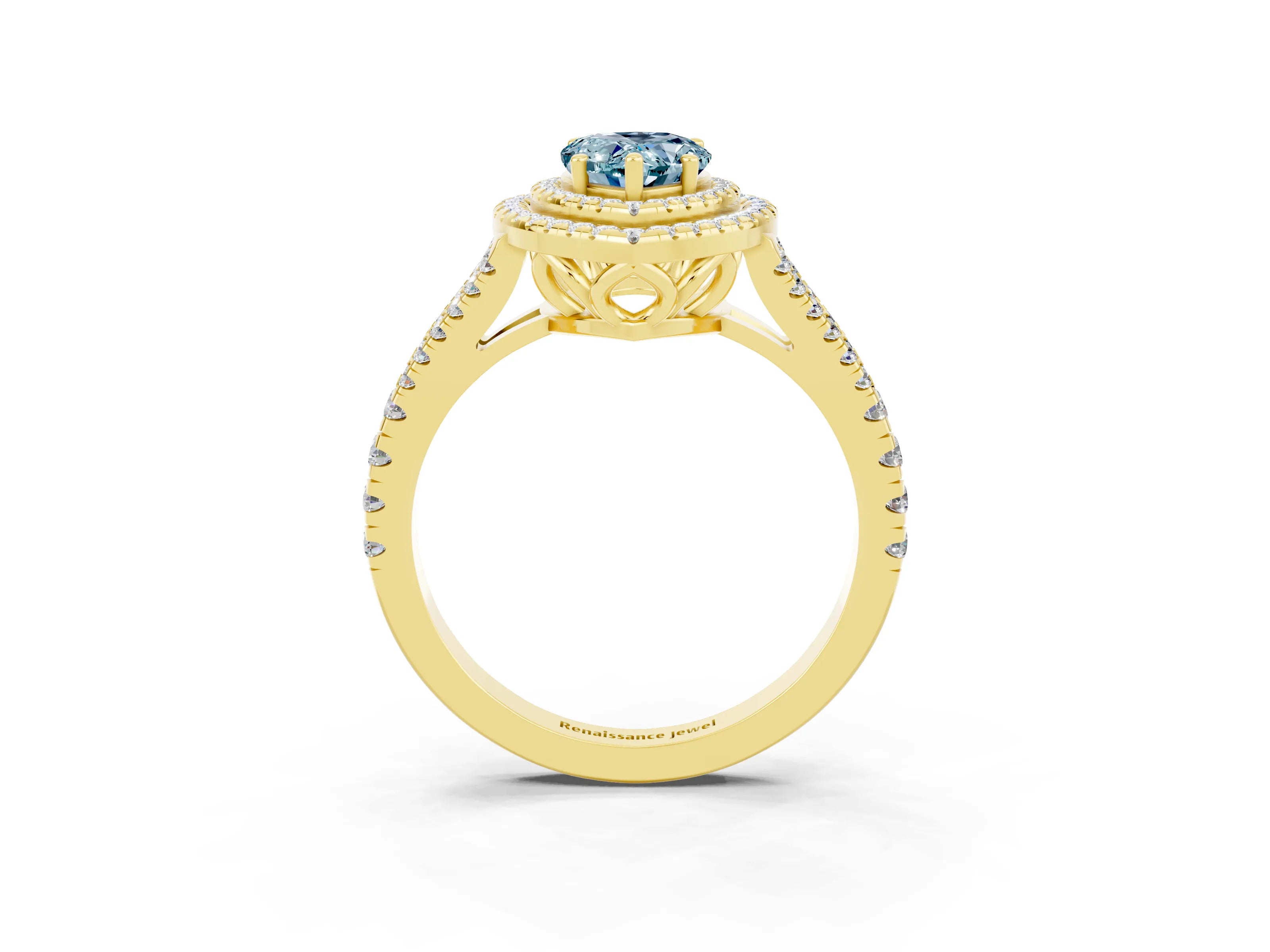 Yellow gold Pear Cut Aquamarine Double Halo Ring with Pavé Band and Prong Setting_15