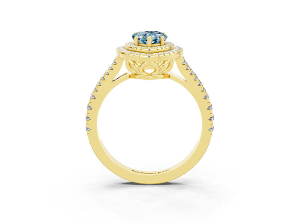 Yellow gold Pear Cut Aquamarine Double Halo Ring with Pavé Band and Prong Setting