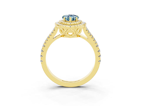 Yellow gold Pear Cut Aquamarine Double Halo Ring with Pavé Band and Prong Setting_15