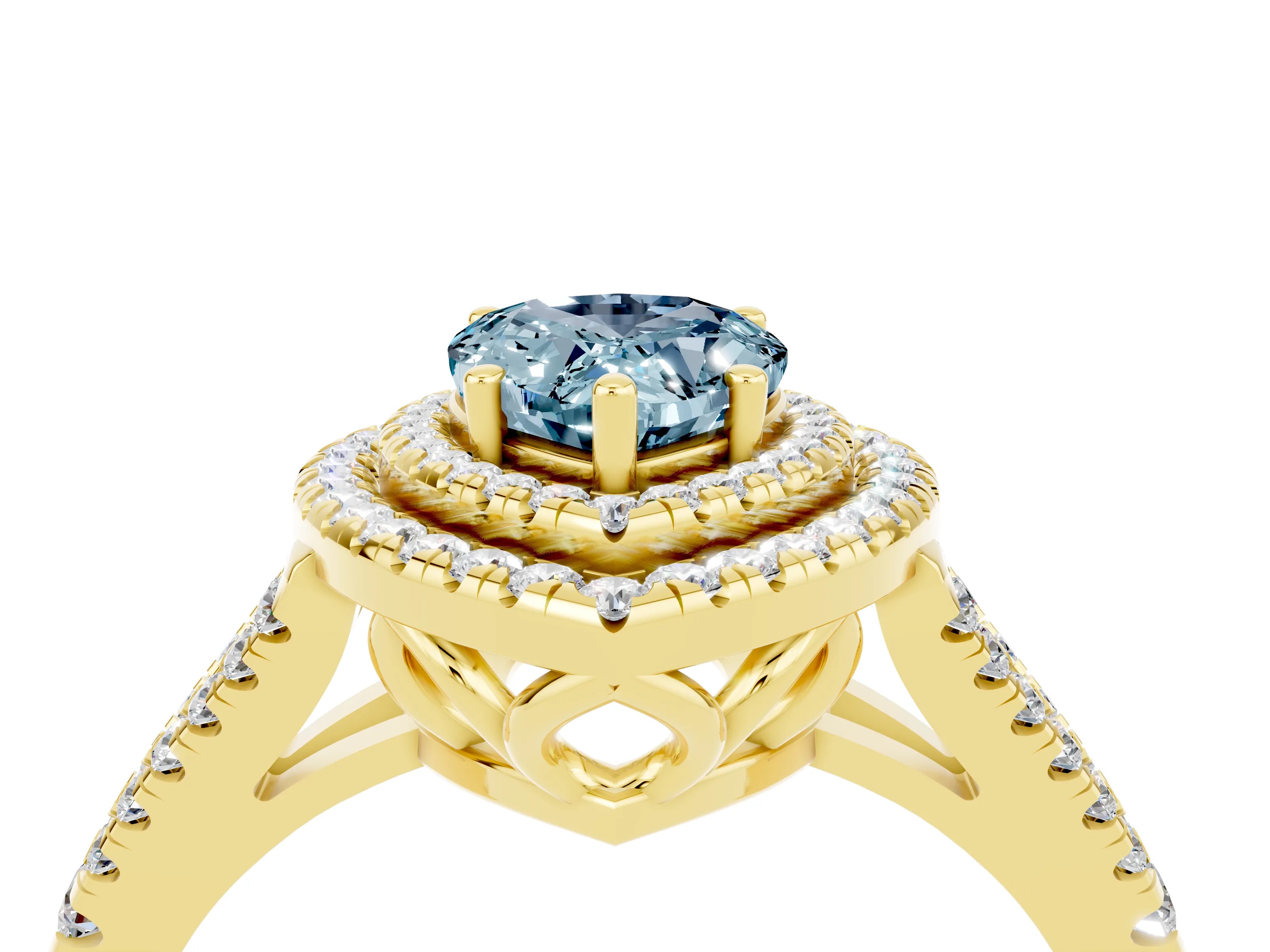 Yellow gold Pear Cut Aquamarine Double Halo Ring with Pavé Band and Prong Setting_16