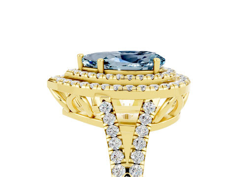 Yellow gold Pear Cut Aquamarine Double Halo Ring with Pavé Band and Prong Setting_17