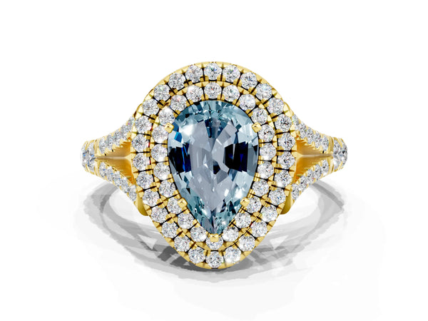Yellow gold Pear Cut Aquamarine Double Halo Ring with Split Shank and Prong Setting