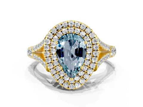 Yellow gold Pear Cut Aquamarine Double Halo Ring with Split Shank and Prong Setting_12