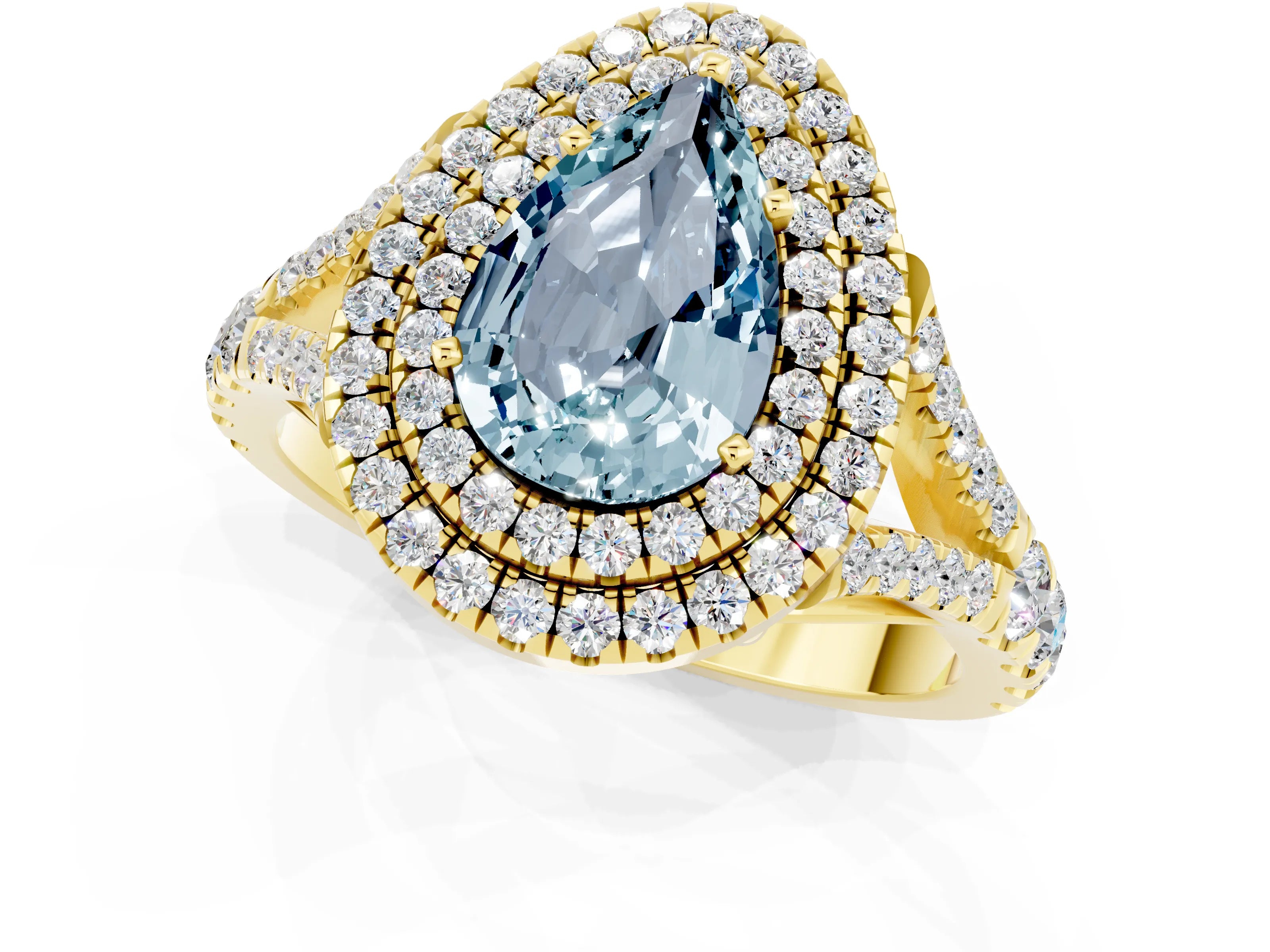 Yellow gold Pear Cut Aquamarine Double Halo Ring with Split Shank and Prong Setting_13