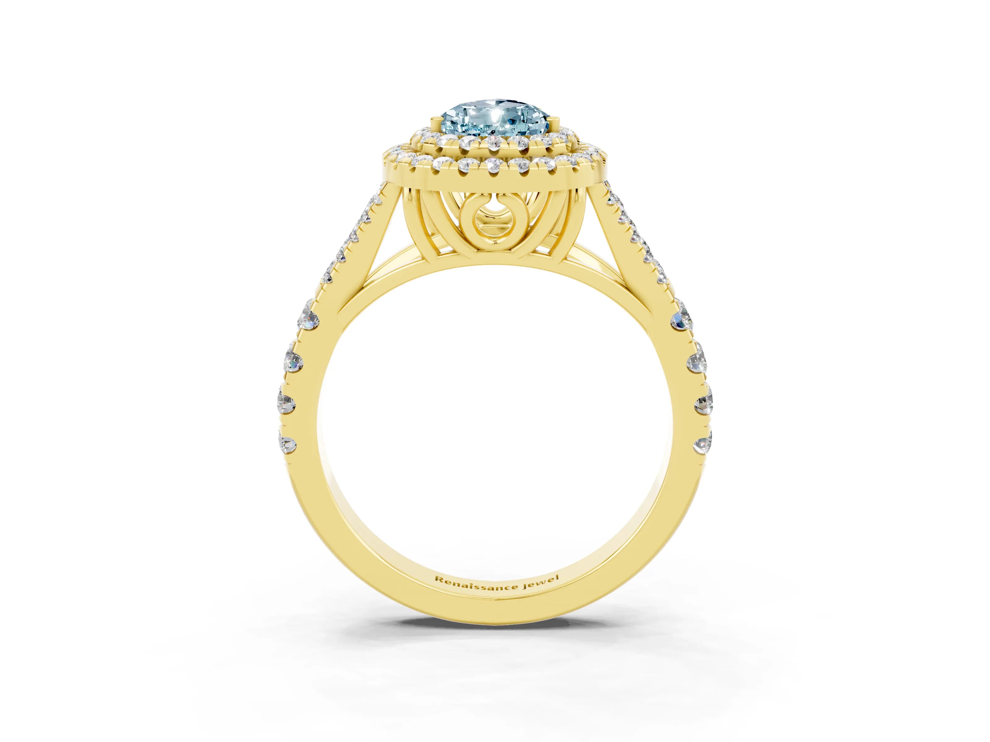 Yellow gold Pear Cut Aquamarine Double Halo Ring with Split Shank and Prong Setting_15