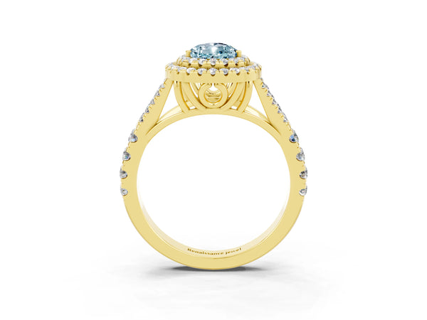 Yellow gold Pear Cut Aquamarine Double Halo Ring with Split Shank and Prong Setting