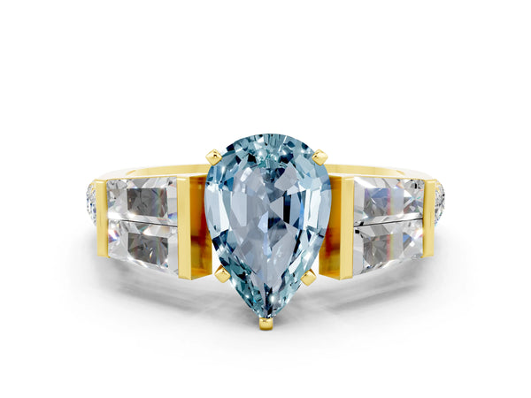 Yellow gold Pear Cut Aquamarine Engagement Ring with Baguette Side Stones and Channel Set Band