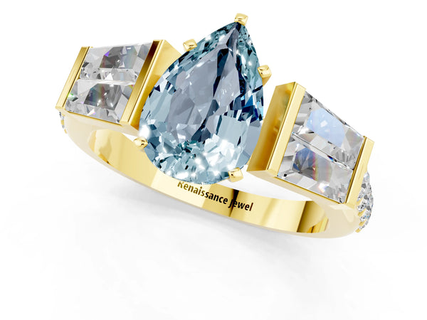 Yellow gold Pear Cut Aquamarine Engagement Ring with Baguette Side Stones and Channel Set Band