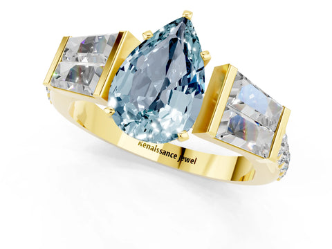 Yellow gold Pear Cut Aquamarine Engagement Ring with Baguette Side Stones and Channel Set Band_1