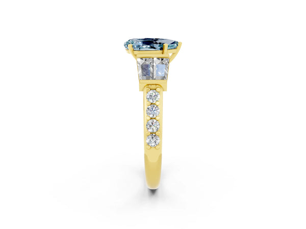 Yellow gold Pear Cut Aquamarine Engagement Ring with Baguette Side Stones and Channel Set Band