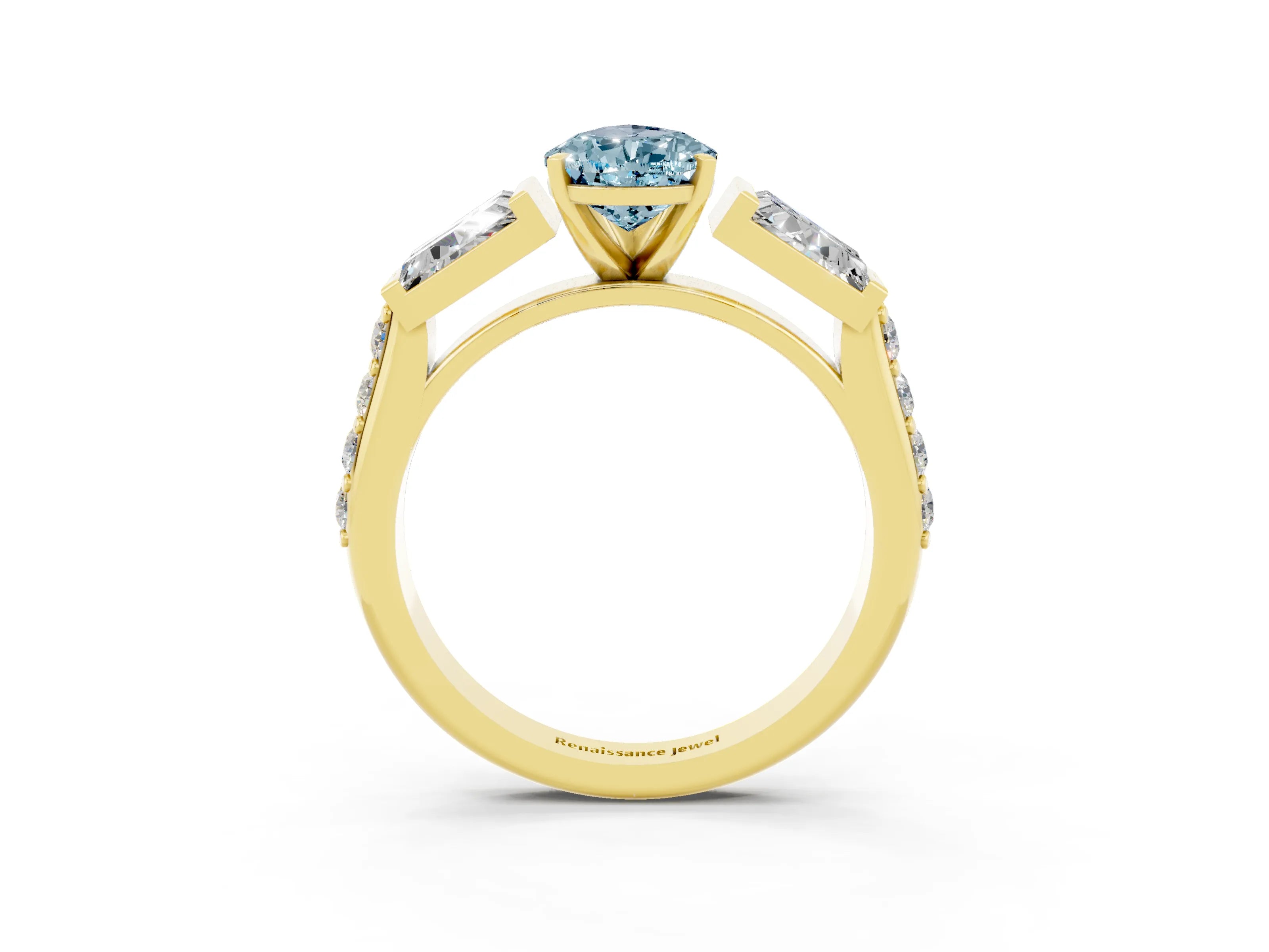 Yellow gold Pear Cut Aquamarine Engagement Ring with Baguette Side Stones and Channel Set Band_3