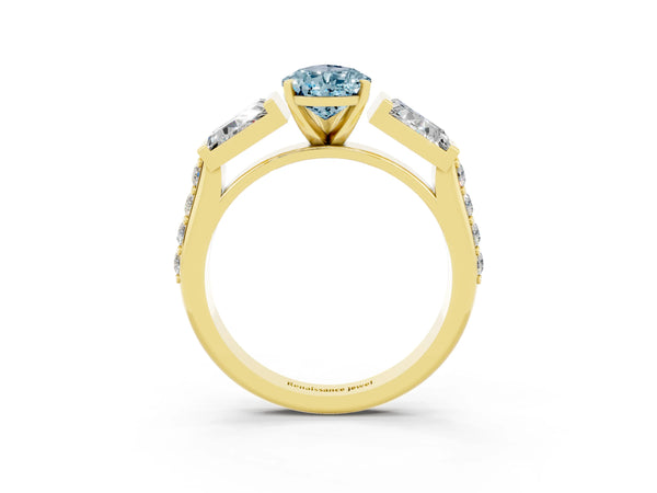 Yellow gold Pear Cut Aquamarine Engagement Ring with Baguette Side Stones and Channel Set Band
