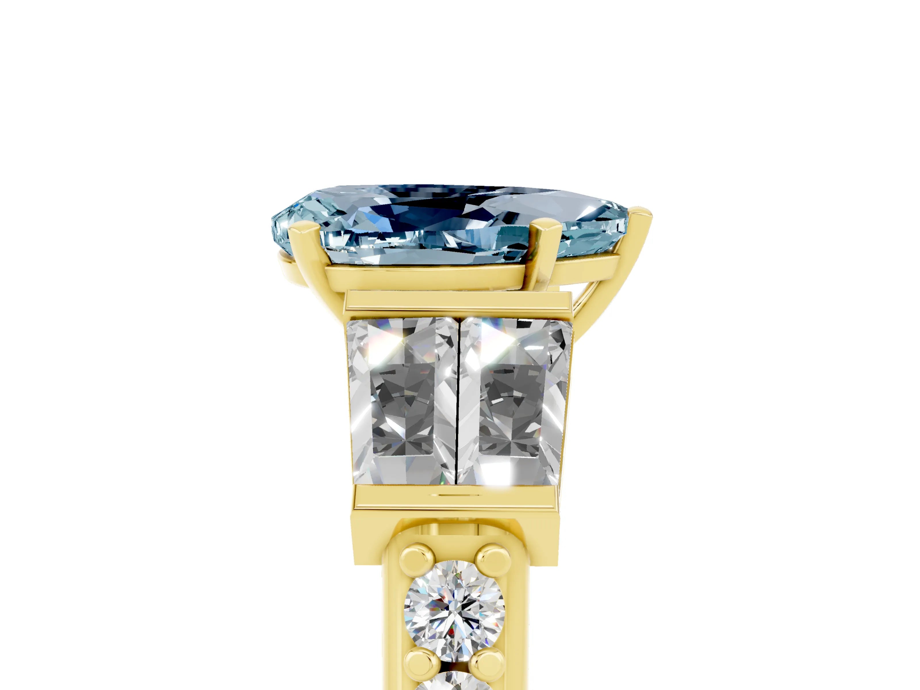Yellow gold Pear Cut Aquamarine Engagement Ring with Baguette Side Stones and Channel Set Band_5