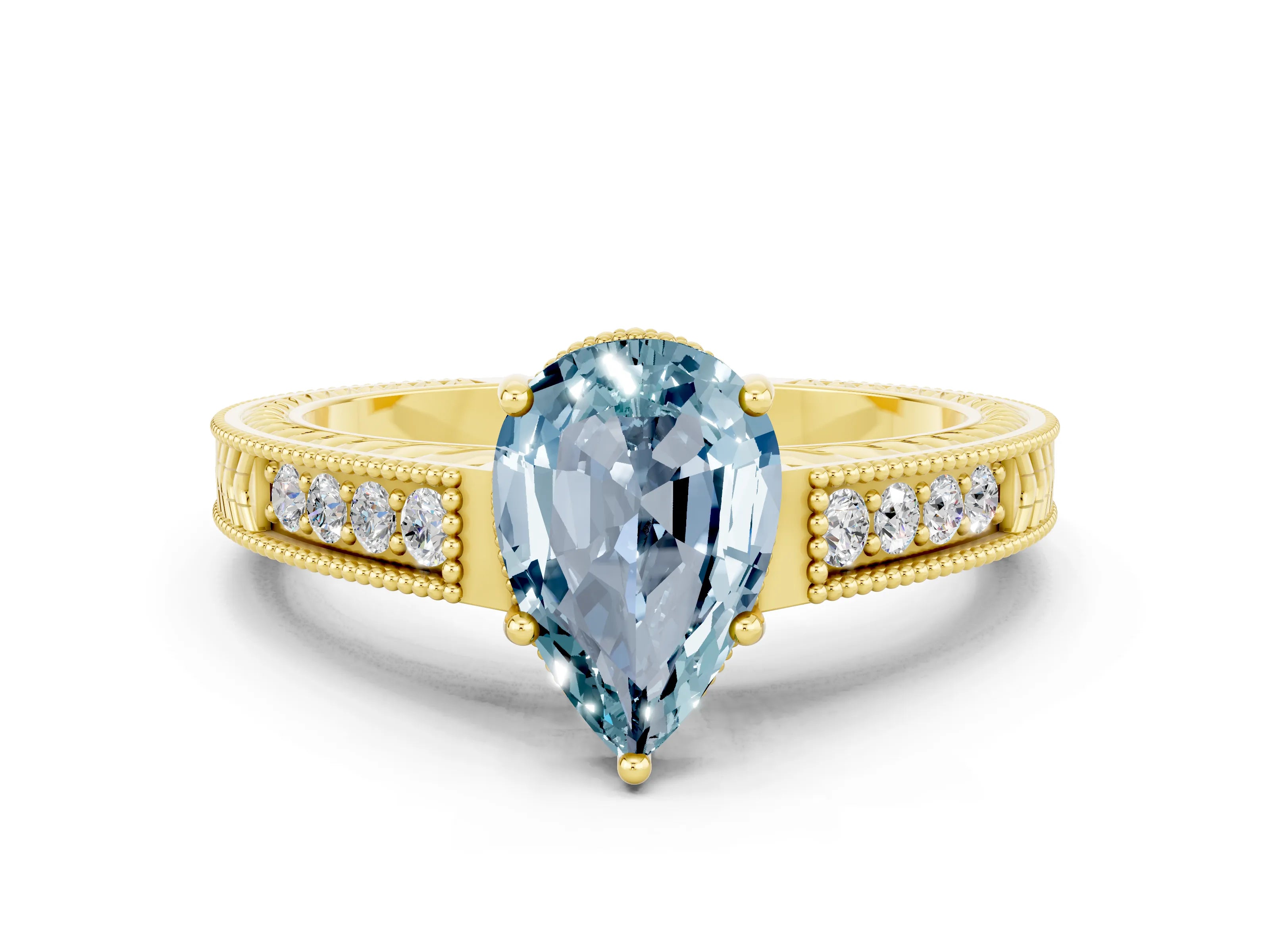 Yellow gold Pear Cut Aquamarine Engagement Ring with Milgrain Channel Set Band and Prong Setting