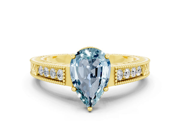 Yellow gold Pear Cut Aquamarine Engagement Ring with Milgrain Channel Set Band and Prong Setting
