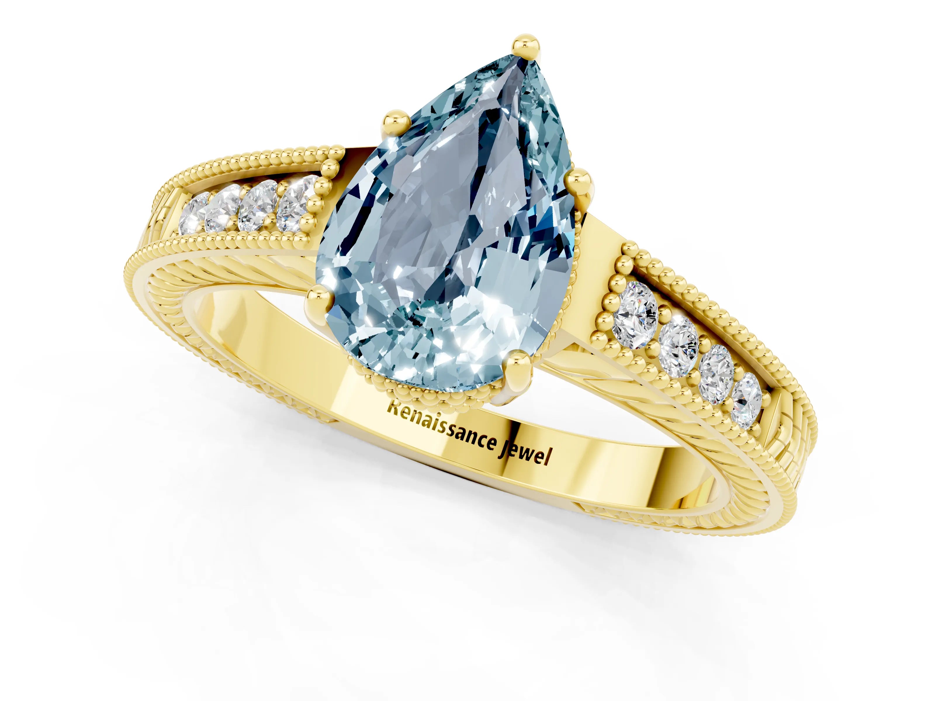 Yellow gold Pear Cut Aquamarine Engagement Ring with Milgrain Channel Set Band and Prong Setting_1