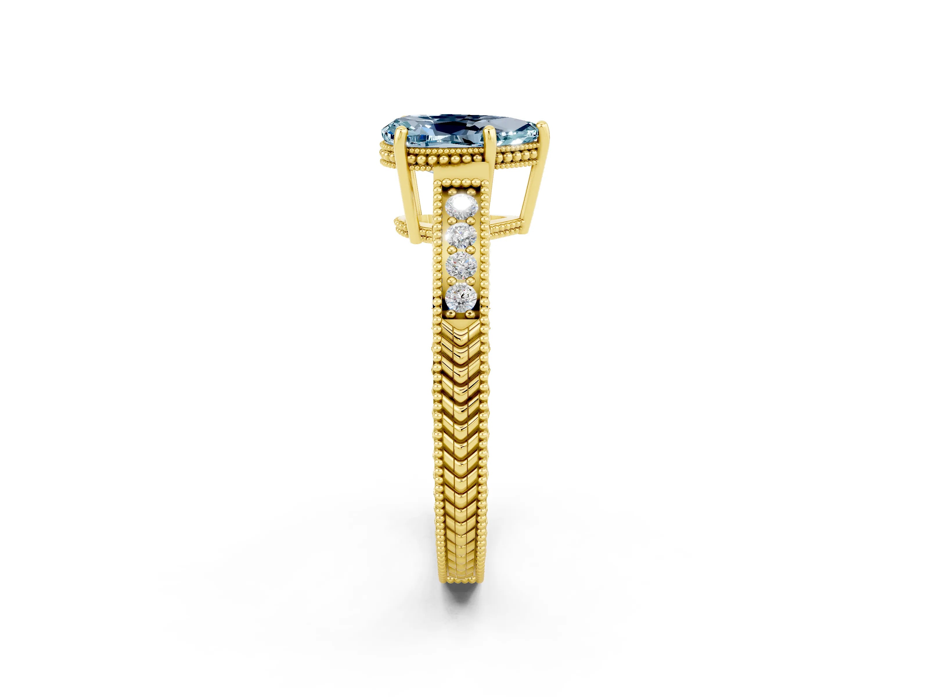Yellow gold Pear Cut Aquamarine Engagement Ring with Milgrain Channel Set Band and Prong Setting_2