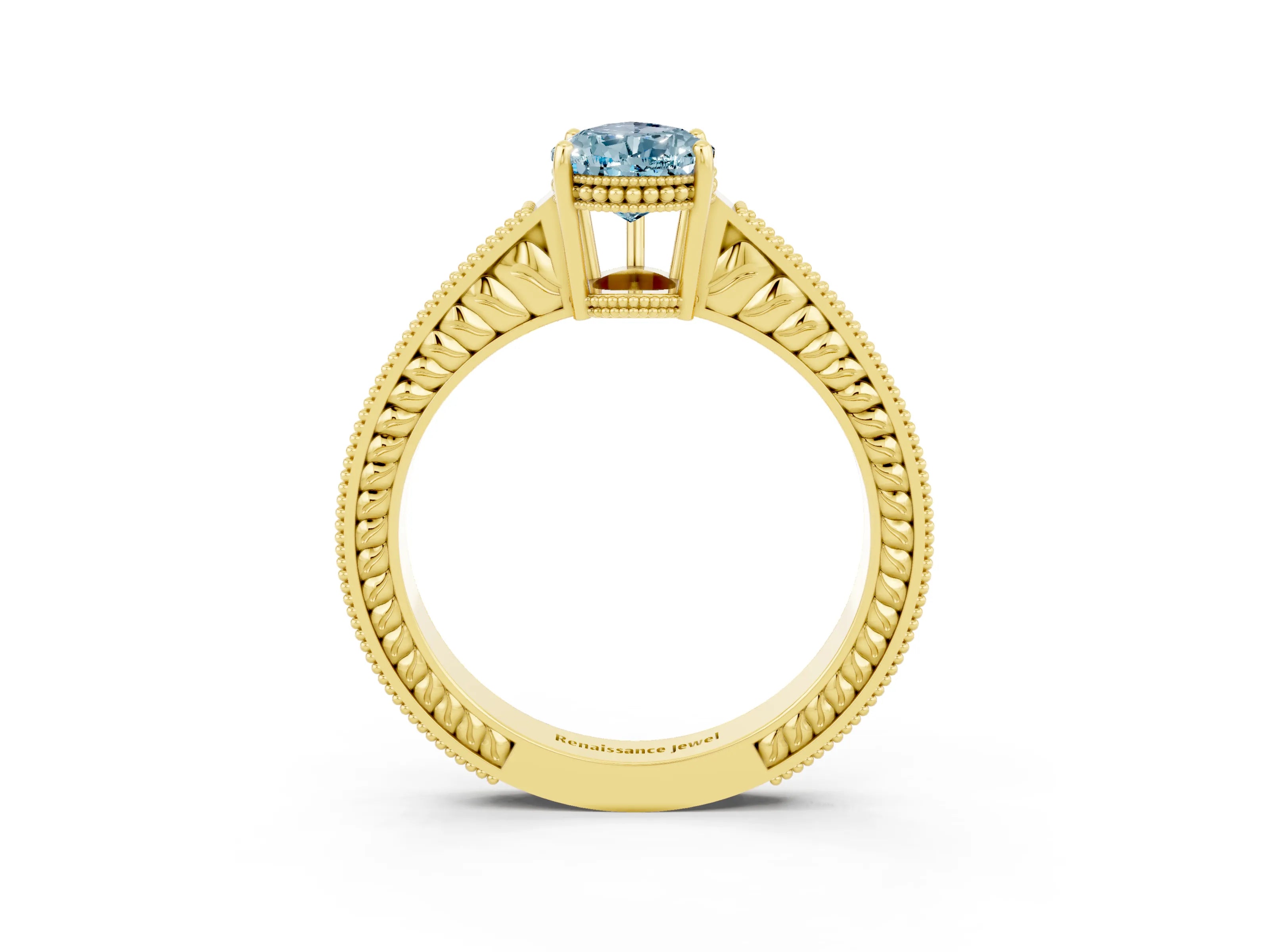 Yellow gold Pear Cut Aquamarine Engagement Ring with Milgrain Channel Set Band and Prong Setting_3