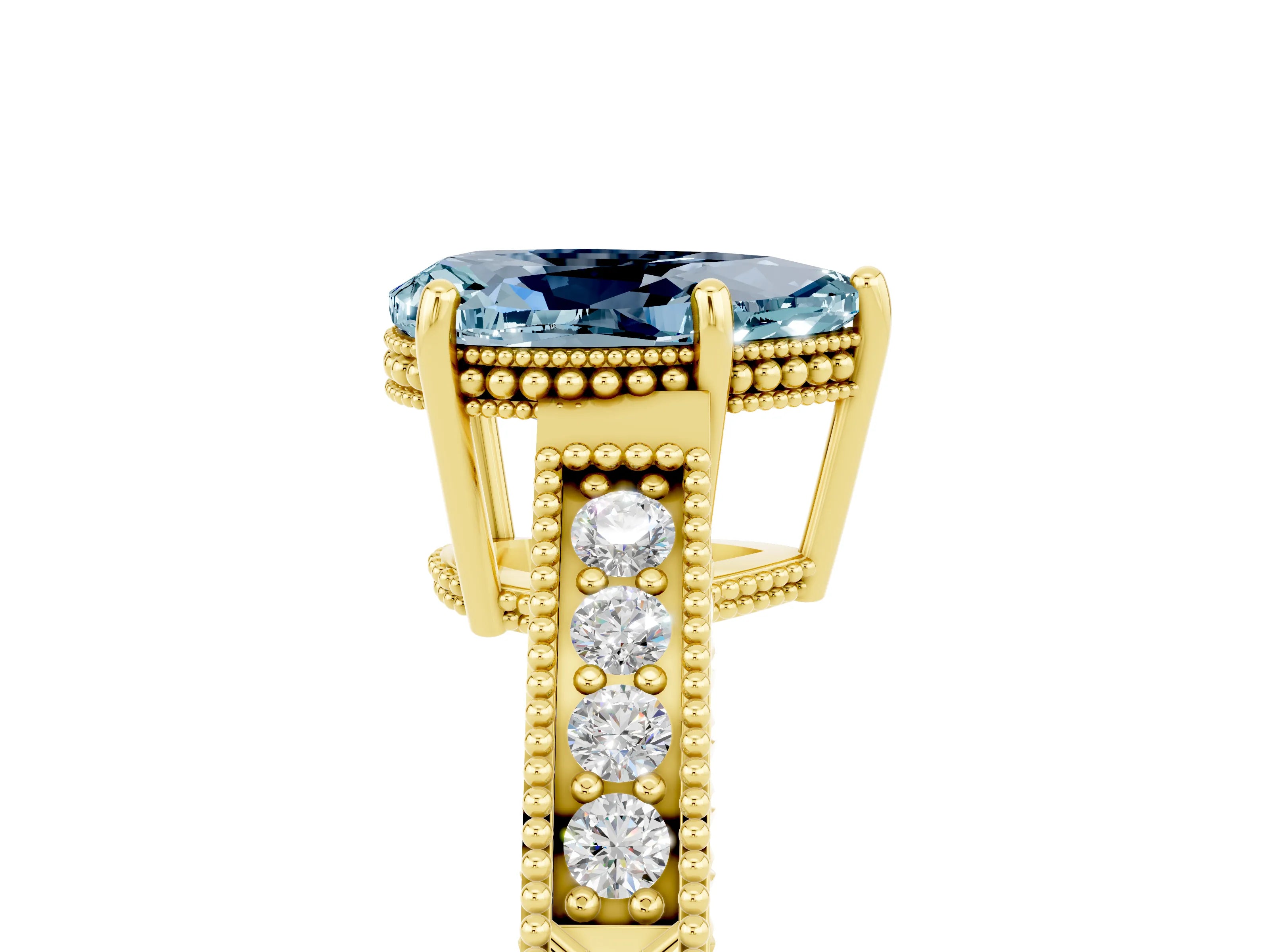 Yellow gold Pear Cut Aquamarine Engagement Ring with Milgrain Channel Set Band and Prong Setting_5