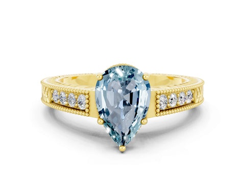 Yellow gold Pear Cut Aquamarine Engagement Ring with Milgrain Channel Set Band and Prong Setting