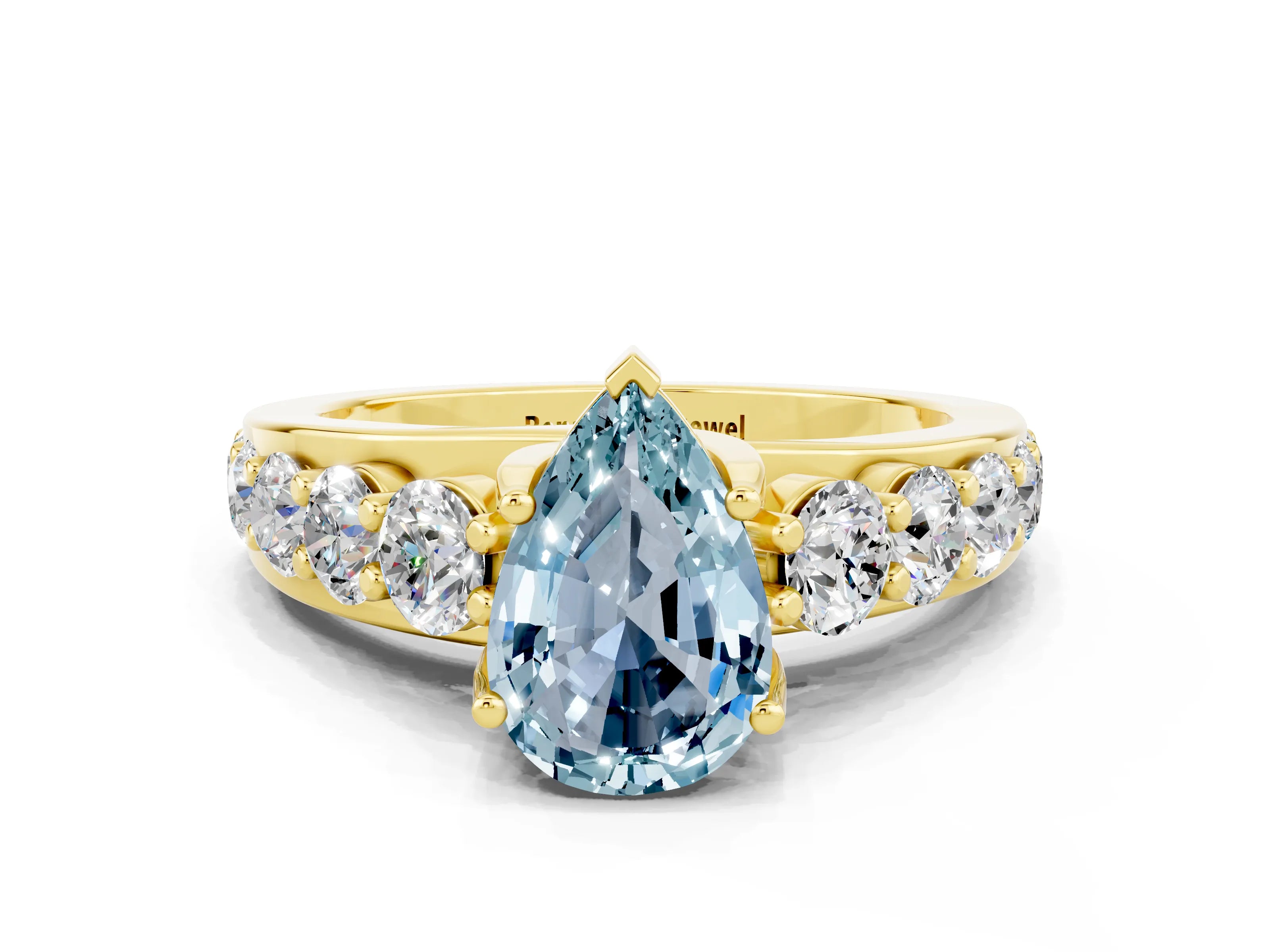 Yellow gold Pear Cut Aquamarine Engagement Ring with Pavé Band and Four-Prong Setting