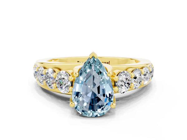 Yellow gold Pear Cut Aquamarine Engagement Ring with Pavé Band and Four-Prong Setting