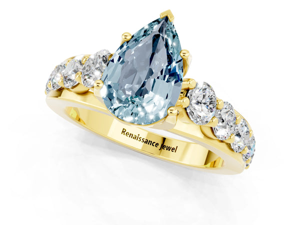 Yellow gold Pear Cut Aquamarine Engagement Ring with Pavé Band and Four-Prong Setting