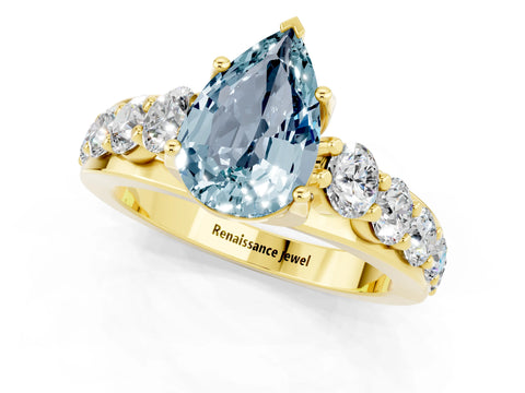 Yellow gold Pear Cut Aquamarine Engagement Ring with Pavé Band and Four-Prong Setting_1