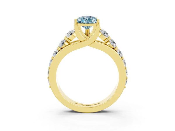 Yellow gold Pear Cut Aquamarine Engagement Ring with Pavé Band and Four-Prong Setting