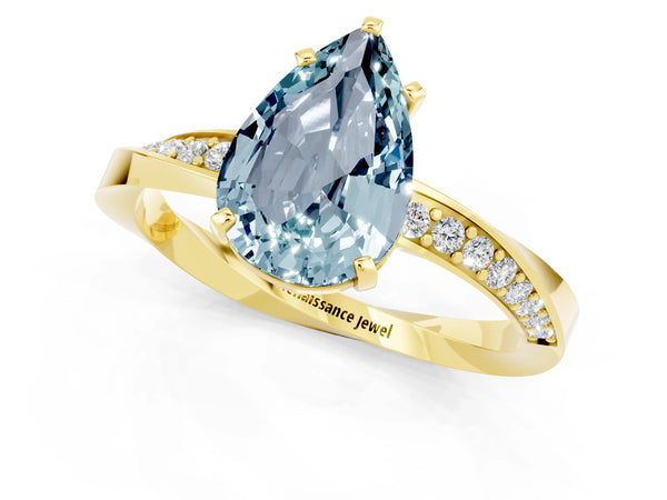 Yellow gold Pear Cut Aquamarine Engagement Ring with Side Stone Accents and Four-Prong Setting