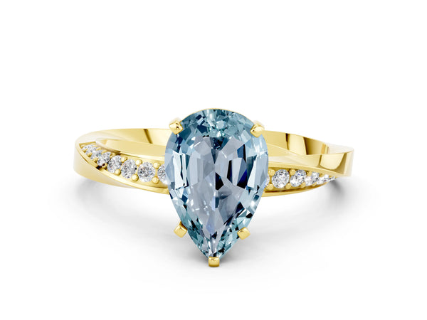 Yellow gold Pear Cut Aquamarine Engagement Ring with Side Stone Accents and Four-Prong Setting