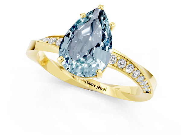 Yellow gold Pear Cut Aquamarine Engagement Ring with Side Stone Accents and Four-Prong Setting