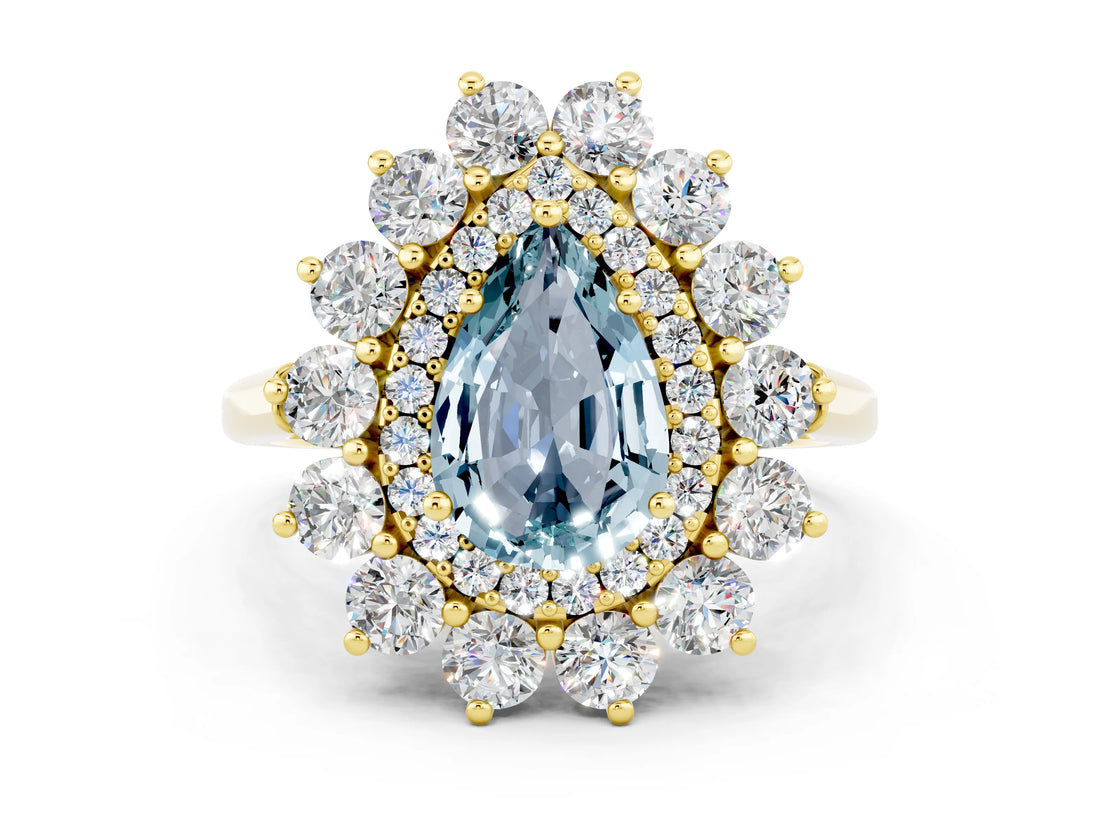 Yellow gold Pear Cut Aquamarine Floral Double Halo Engagement Ring with Prong Setting_60