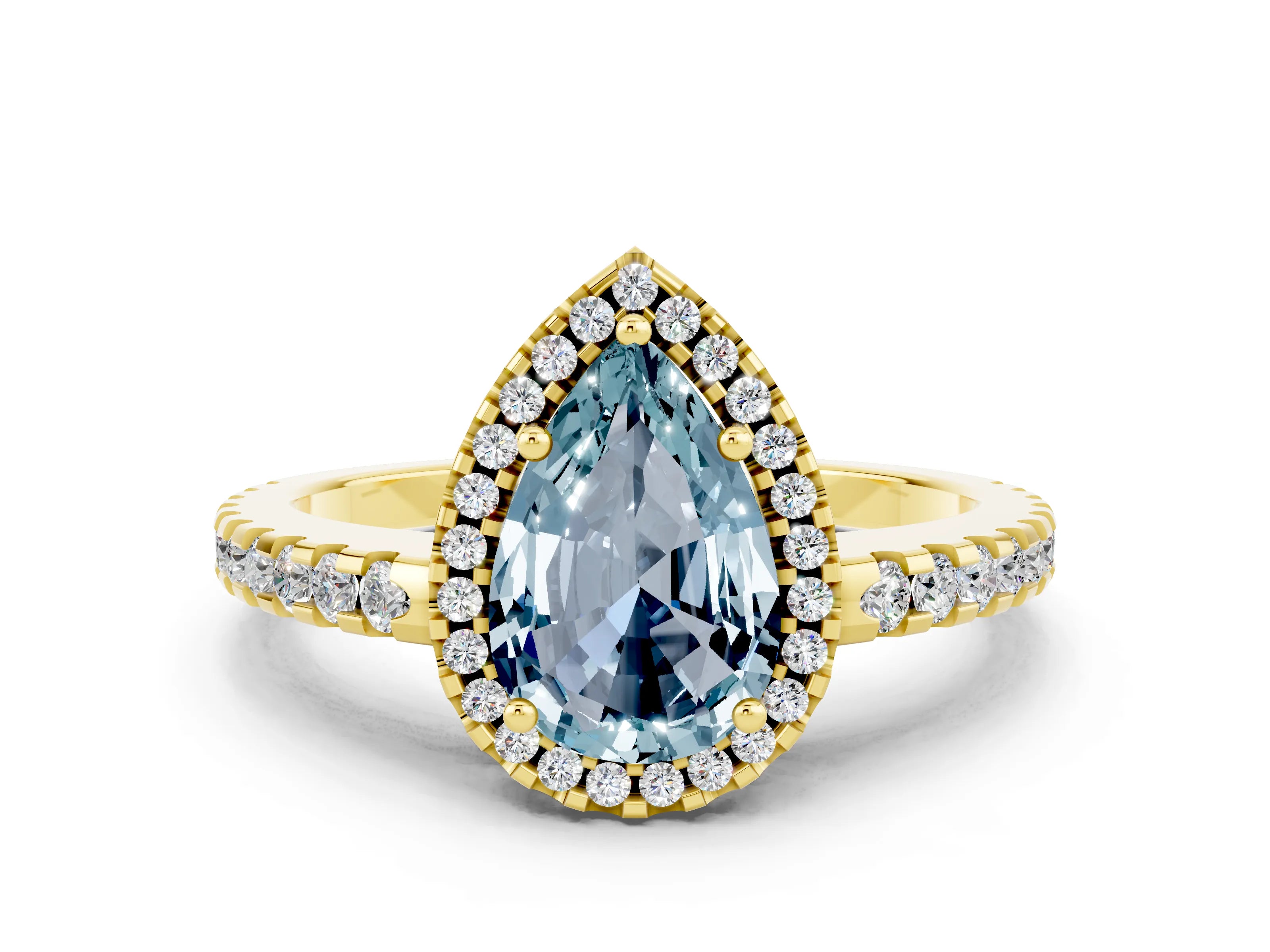 Yellow gold Pear Cut Aquamarine Halo Engagement Ring with Pavé Band and Prong Setting_12