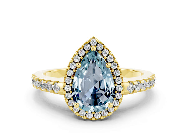 Yellow gold Pear Cut Aquamarine Halo Engagement Ring with Pavé Band and Prong Setting