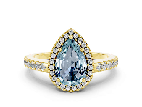 Yellow gold Pear Cut Aquamarine Halo Engagement Ring with Pavé Band and Prong Setting_12