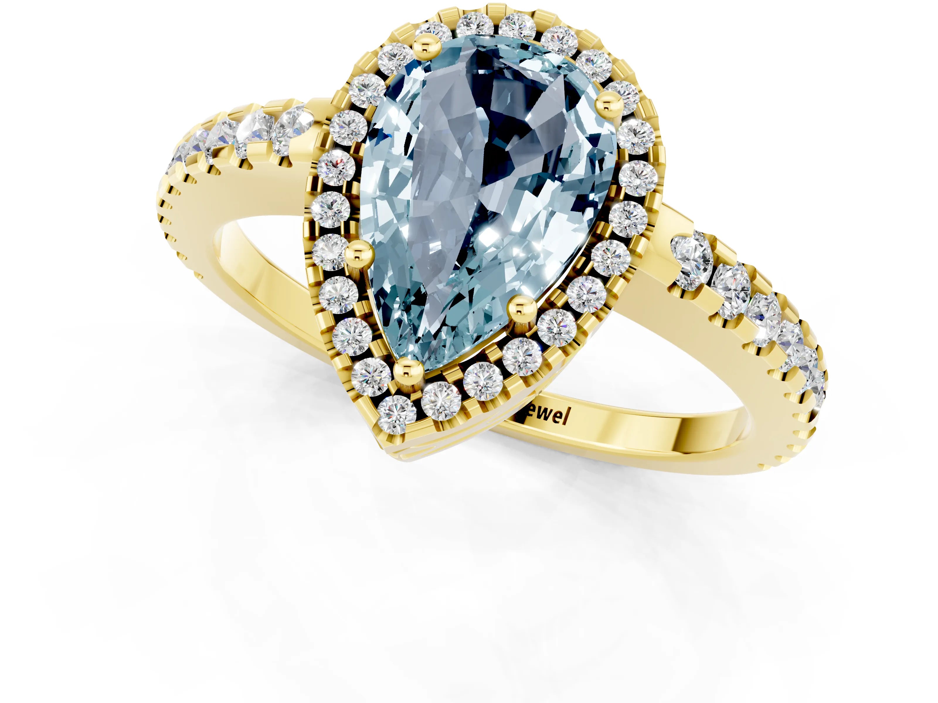 Yellow gold Pear Cut Aquamarine Halo Engagement Ring with Pavé Band and Prong Setting_13