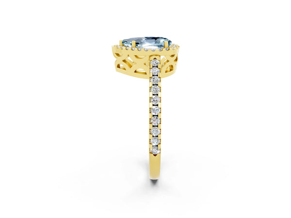 Yellow gold Pear Cut Aquamarine Halo Engagement Ring with Pavé Band and Prong Setting