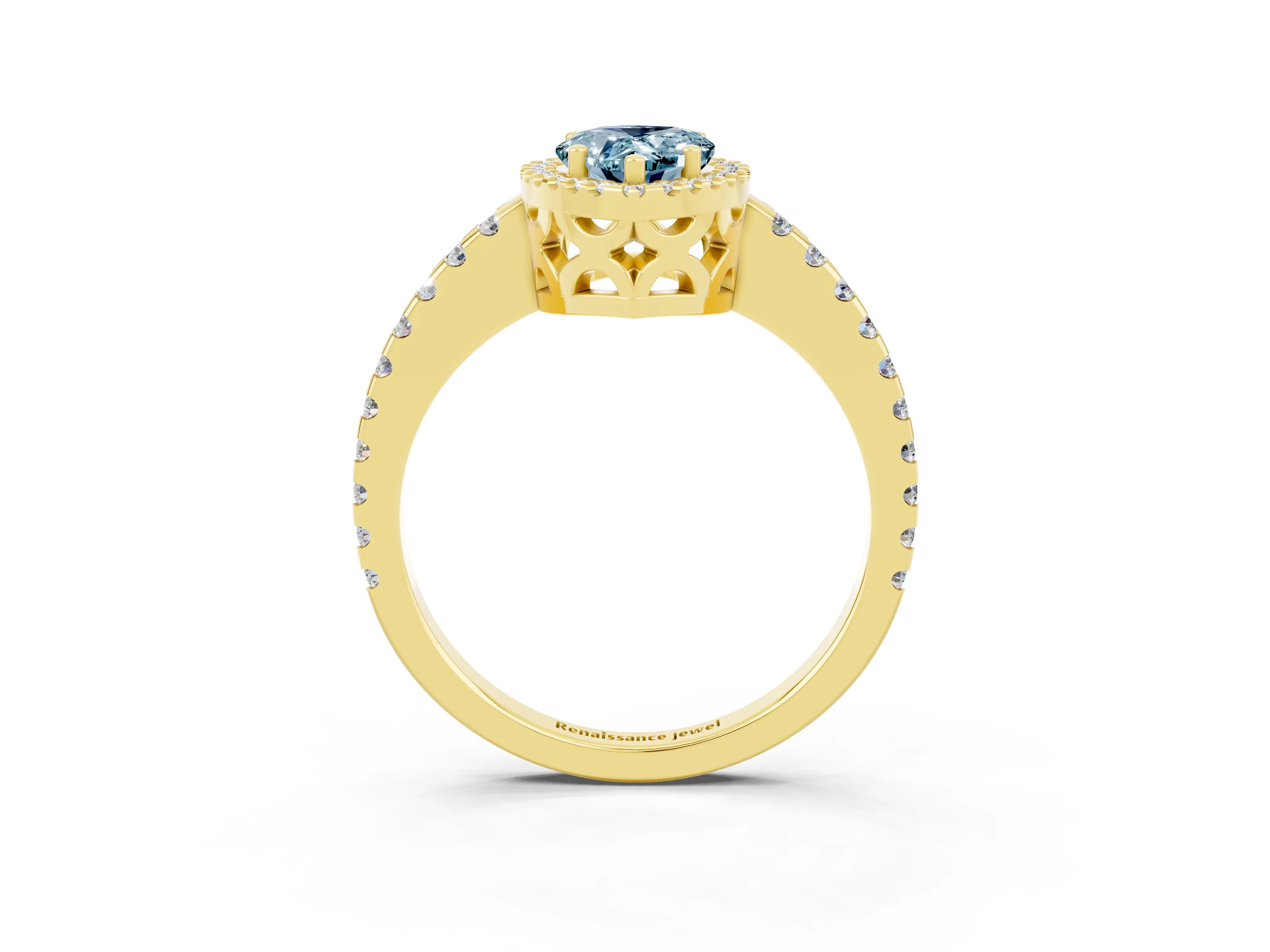 Yellow gold Pear Cut Aquamarine Halo Engagement Ring with Pavé Band and Prong Setting_15