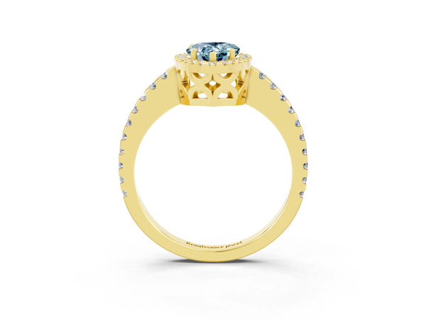 Yellow gold Pear Cut Aquamarine Halo Engagement Ring with Pavé Band and Prong Setting