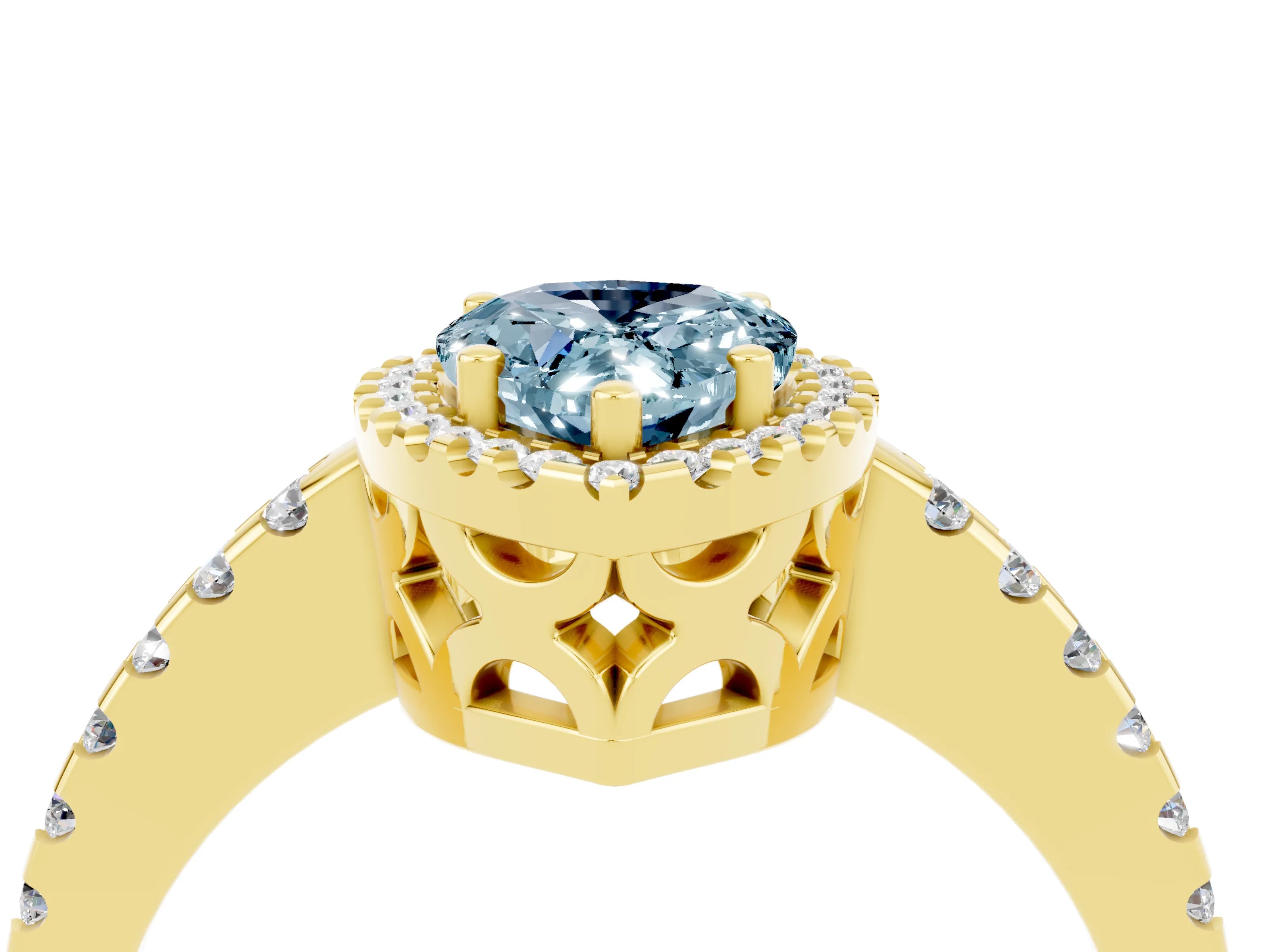 Yellow gold Pear Cut Aquamarine Halo Engagement Ring with Pavé Band and Prong Setting_16