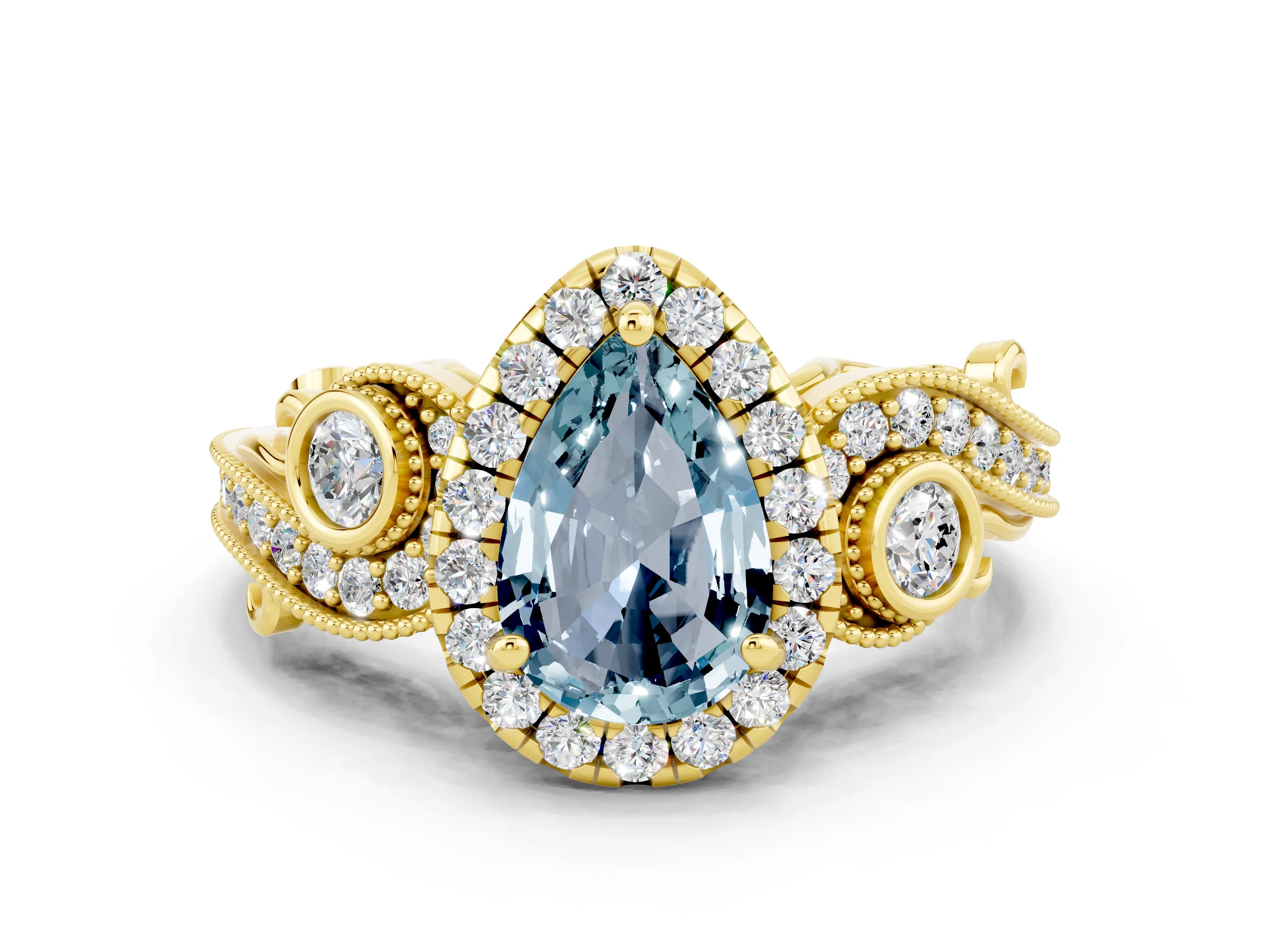 Yellow gold Pear Cut Aquamarine Halo Ring with Milgrain Pavé Band and Four-Prong Setting_12