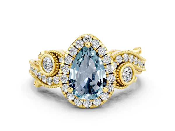 Yellow gold Pear Cut Aquamarine Halo Ring with Milgrain Pavé Band and Four-Prong Setting