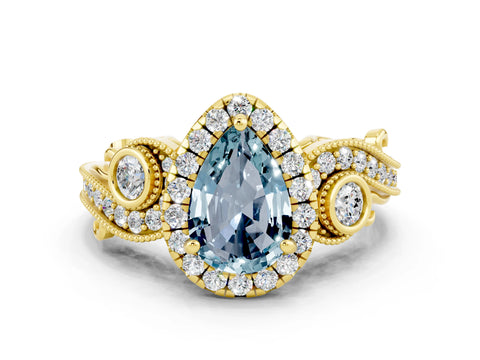 Yellow gold Pear Cut Aquamarine Halo Ring with Milgrain Pavé Band and Four-Prong Setting_12