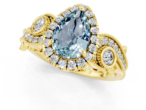 Yellow gold Pear Cut Aquamarine Halo Ring with Milgrain Pavé Band and Four-Prong Setting_13
