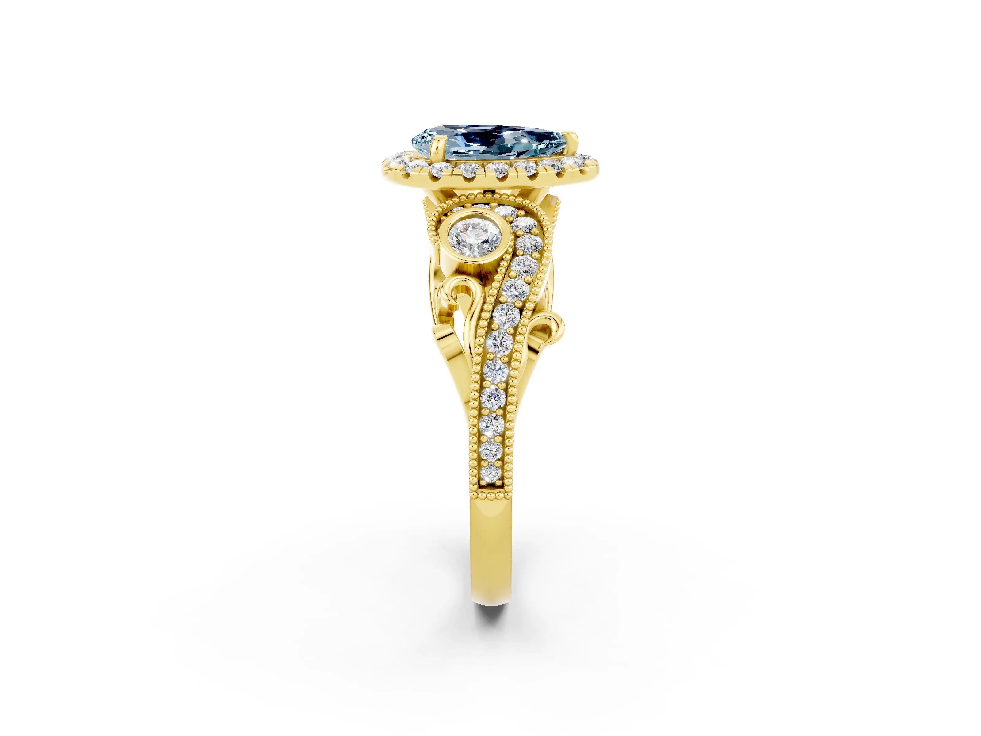 Yellow gold Pear Cut Aquamarine Halo Ring with Milgrain Pavé Band and Four-Prong Setting_14
