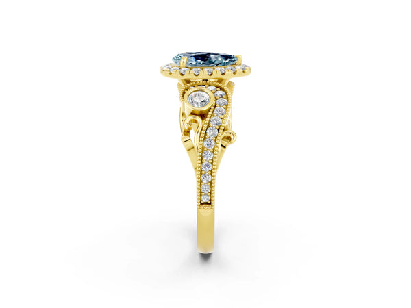 Yellow gold Pear Cut Aquamarine Halo Ring with Milgrain Pavé Band and Four-Prong Setting