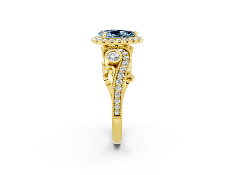 Yellow gold Pear Cut Aquamarine Halo Ring with Milgrain Pavé Band and Four-Prong Setting_14