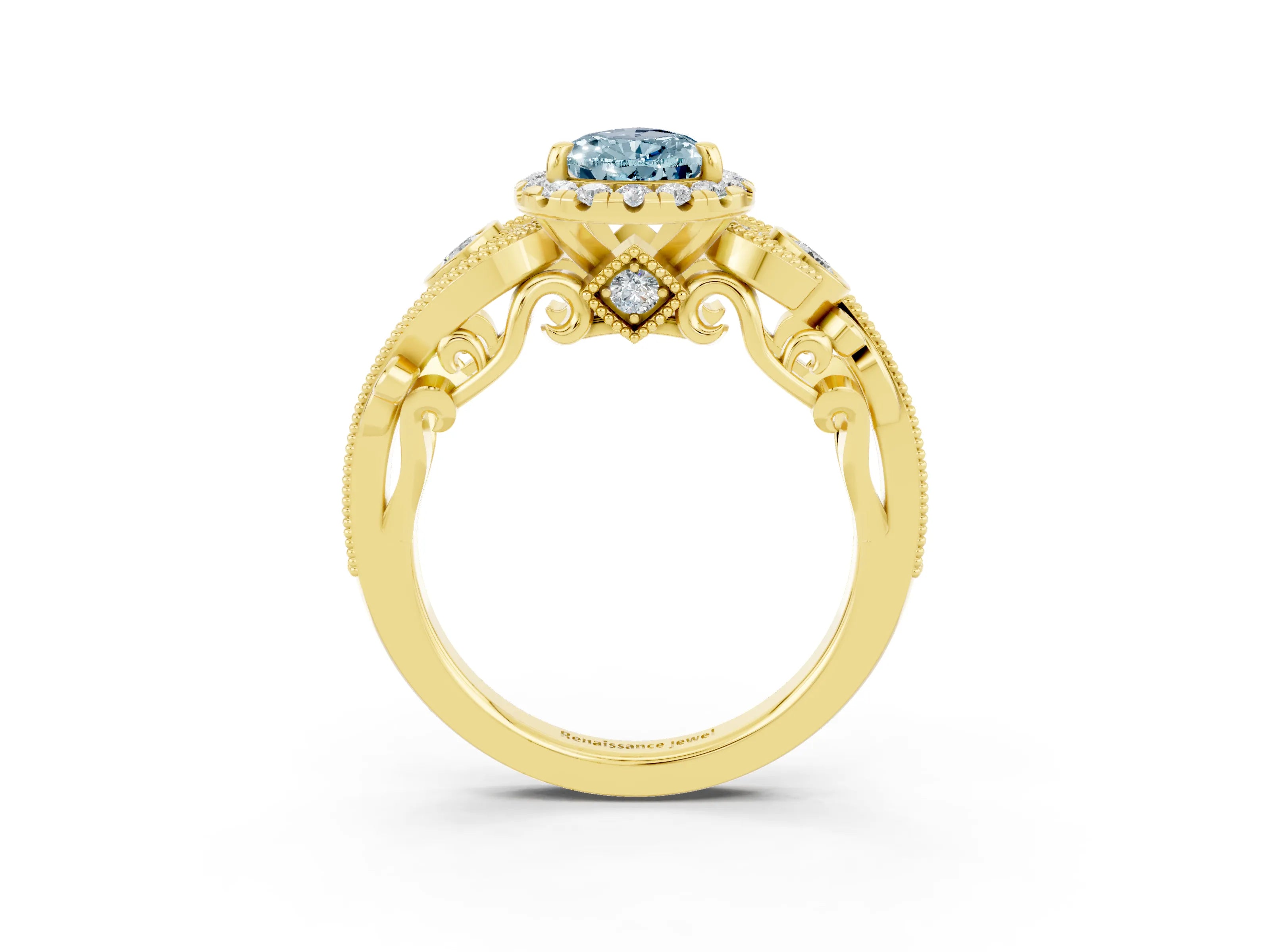 Yellow gold Pear Cut Aquamarine Halo Ring with Milgrain Pavé Band and Four-Prong Setting_15