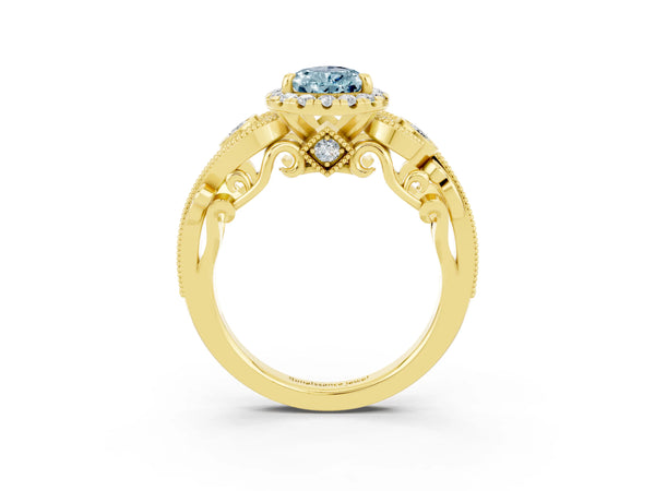 Yellow gold Pear Cut Aquamarine Halo Ring with Milgrain Pavé Band and Four-Prong Setting